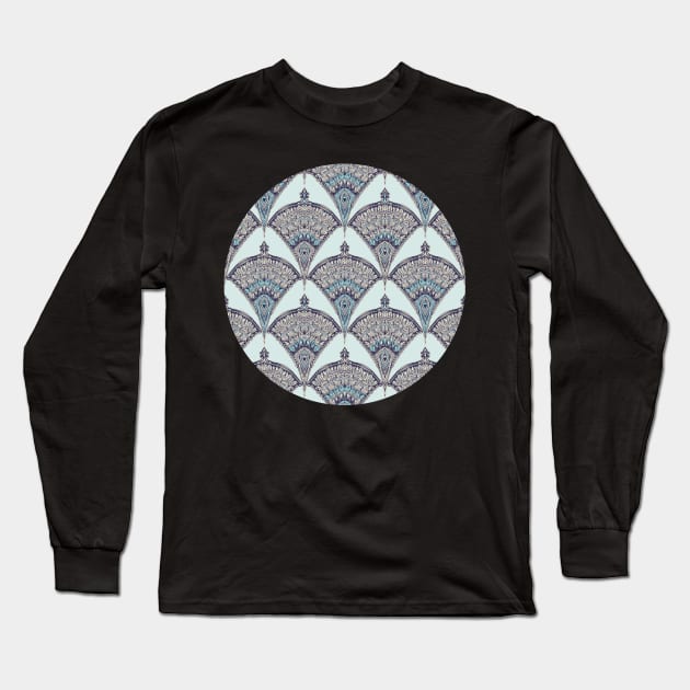 Deco Doodle in Aqua, Cream & Navy Blue Long Sleeve T-Shirt by micklyn